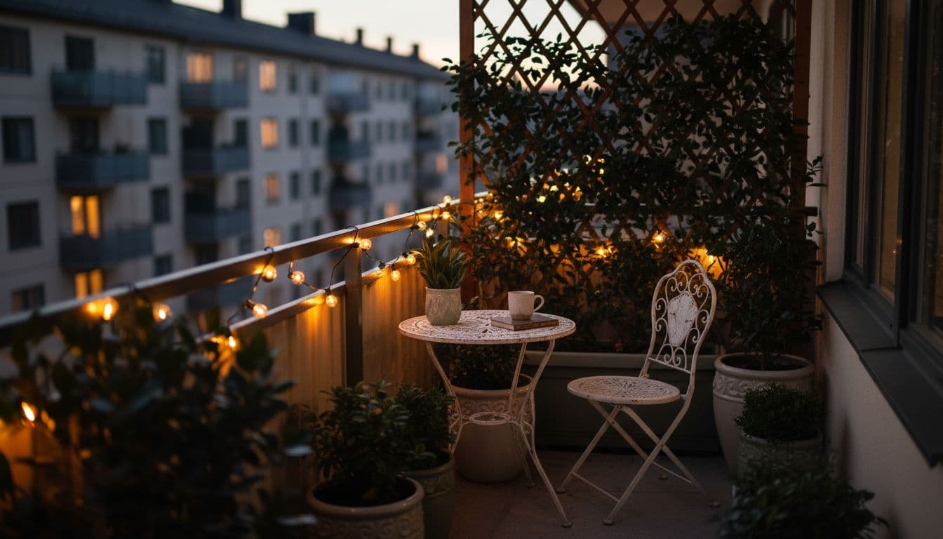Mały balkon o zmierzchu z ciepłym oświetleniem, roślinami w donicach i osłoną z pergoli, urządzony do wieczornego użytku