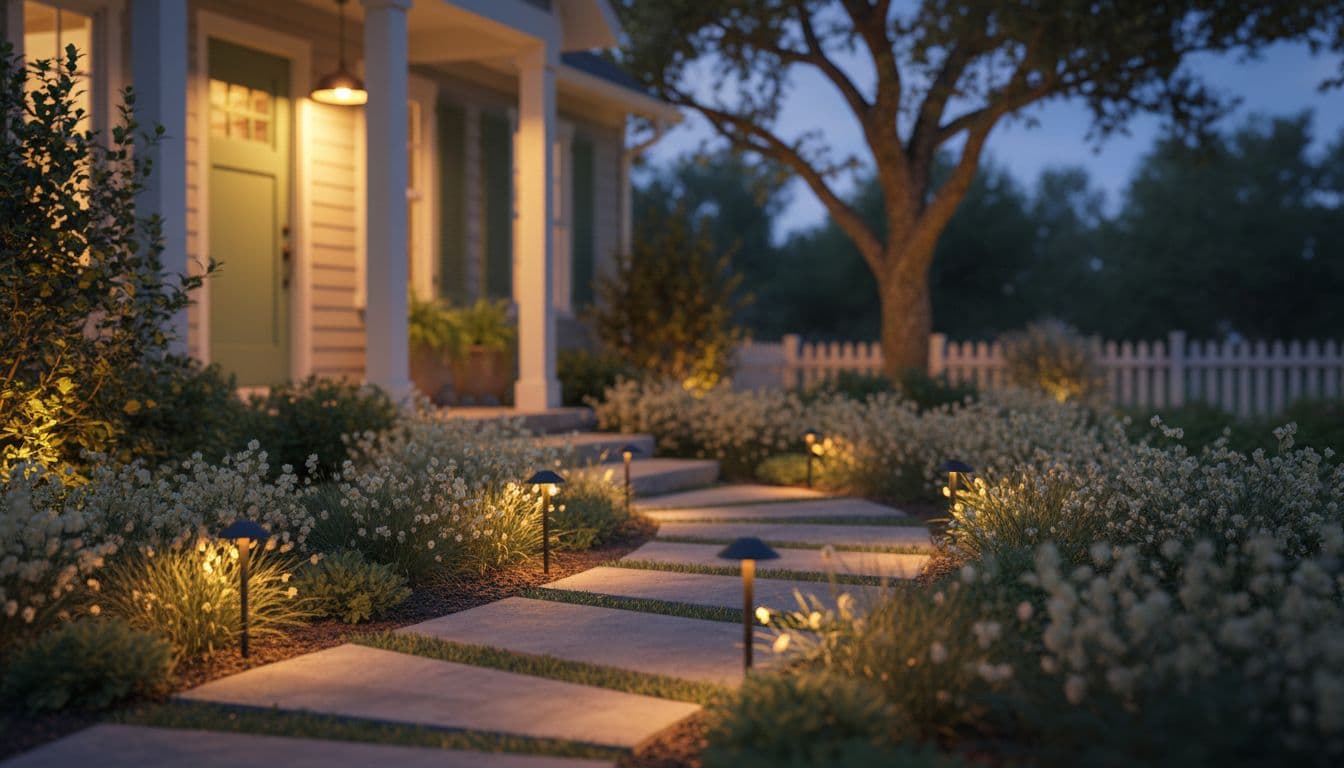 Un giardino frontale al crepuscolo con illuminazione bassa lungo un vialetto e una luce calda alla porta d'ingresso