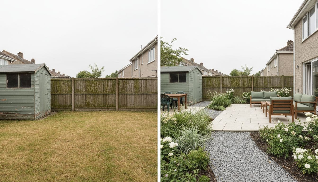 Side-by-side before and after of the same suburban garden used to compare AI garden design results
