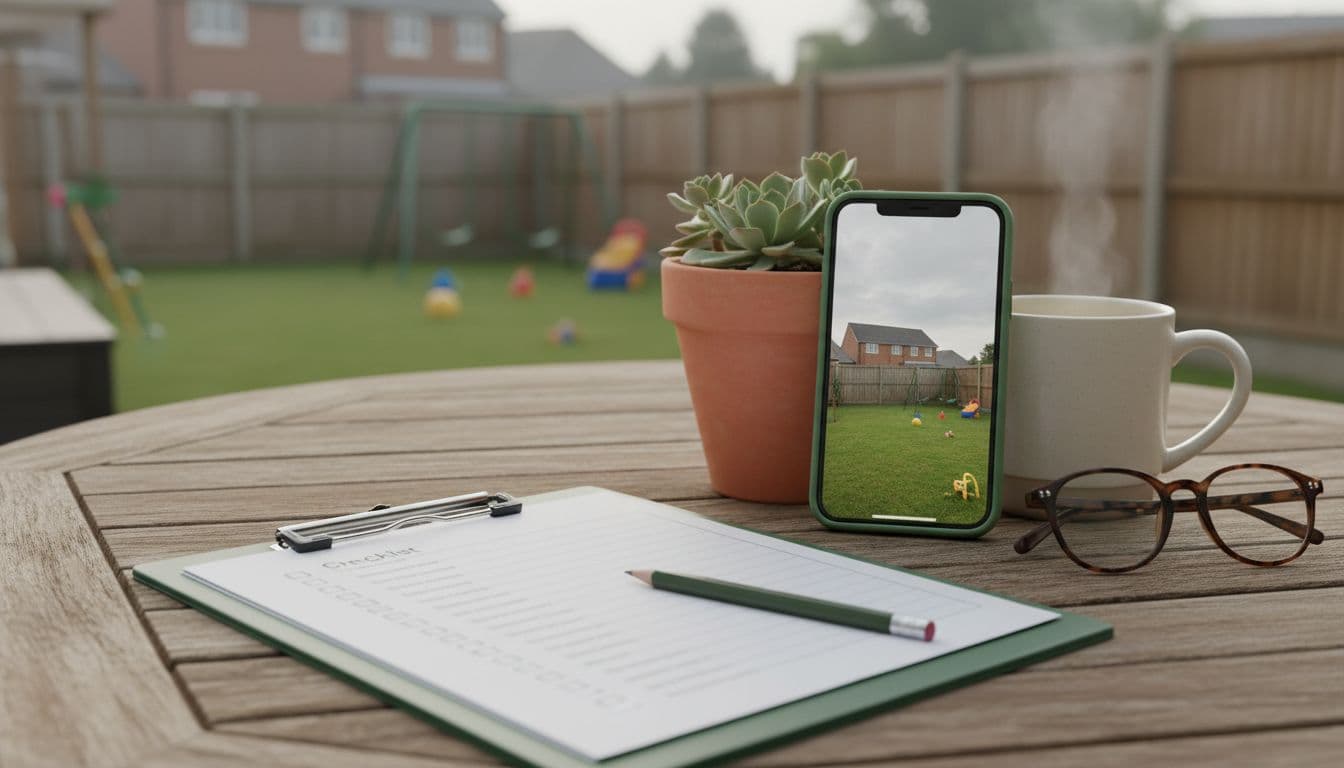 AI garden design apps compared using a printed checklist beside a phone showing a garden photo