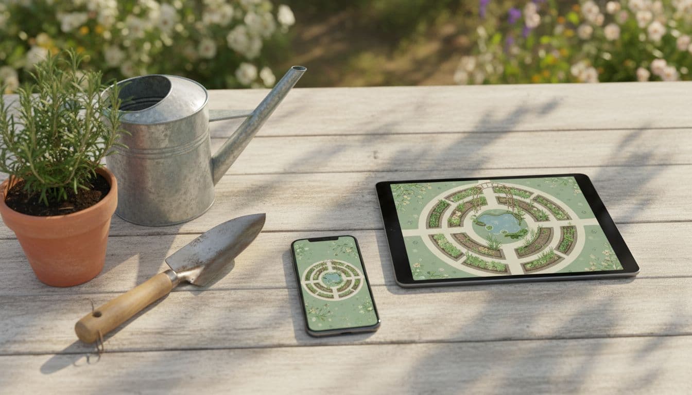 A phone and a tablet on a garden table showing the same saved garden design synced across devices
