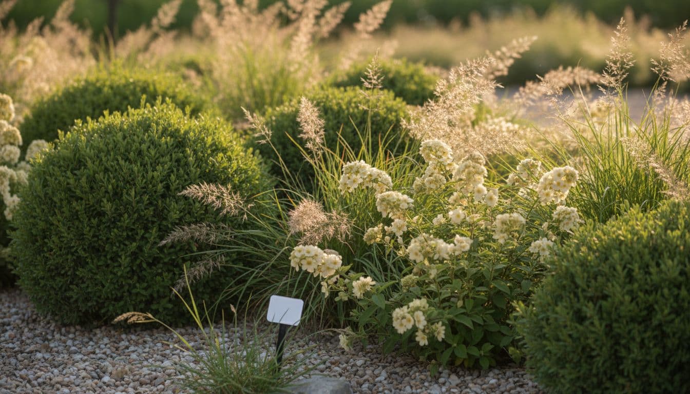 Close-up of a mixed border with named shrubs and gravel mulch used to sanity-check an AI planting plan