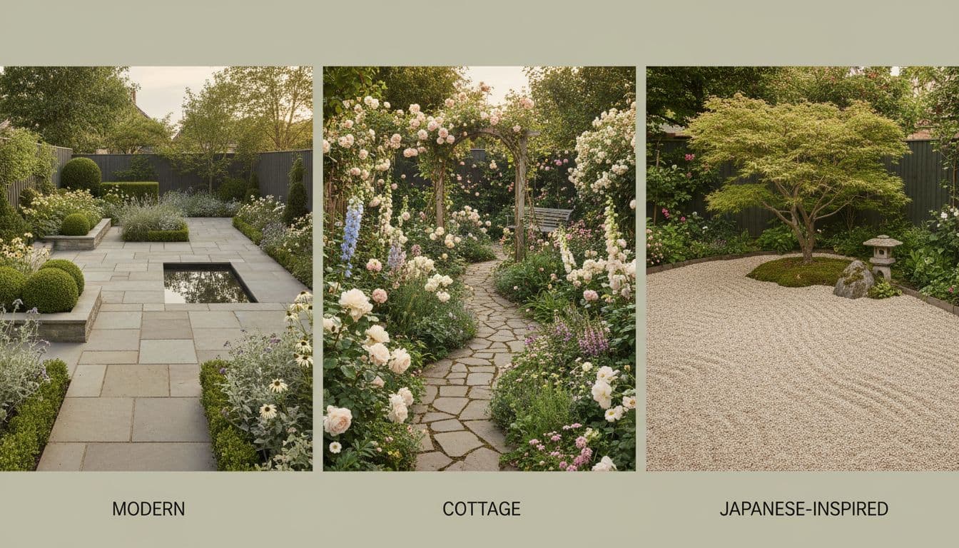 The same garden shown in a modern, a cottage and a Japanese-inspired planting scheme for comparison