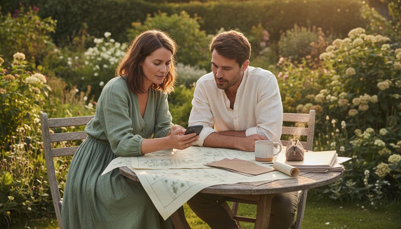 A homeowner and a garden designer reviewing a saved design on a phone alongside paper plans at an outdoor table