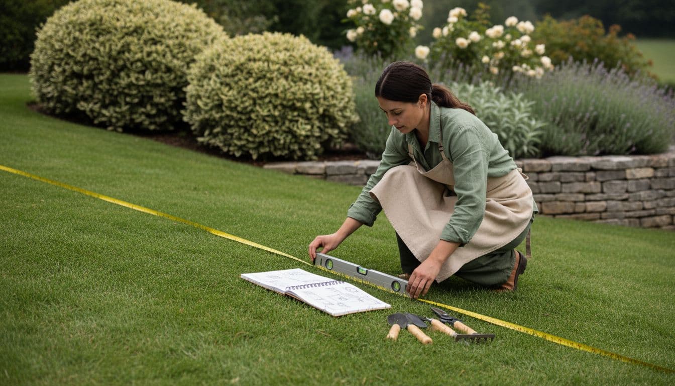 A designer measuring levels in a sloping garden with a notebook and tape, the site work an AI garden design cannot do