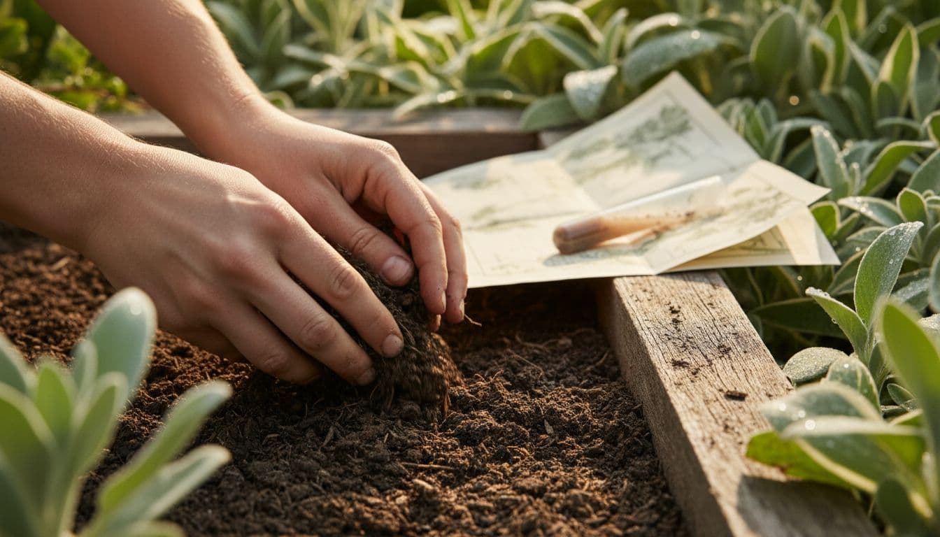 Hands holding damp garden soil beside a planting plan, the site data an AI garden design cannot read from a photo