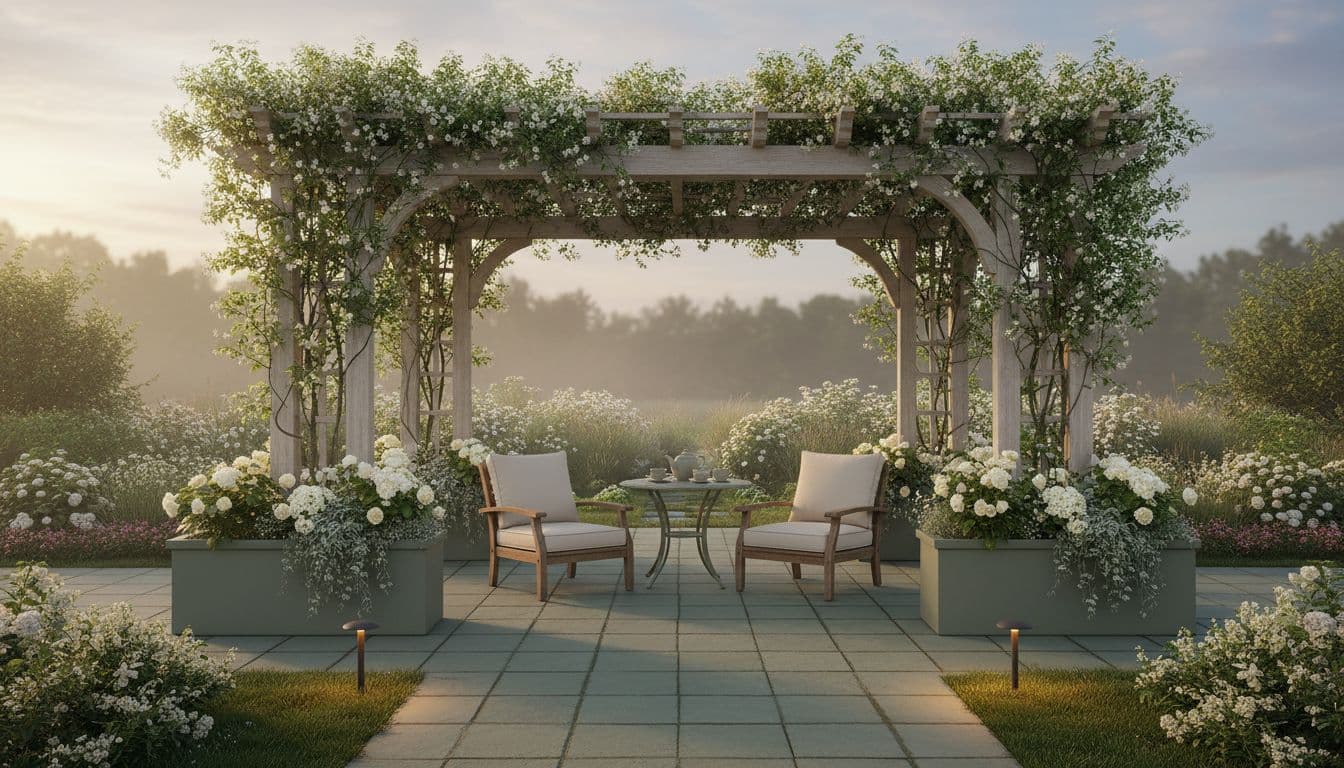 Patio terminado al anochecer con pavimento, pérgola plantada y macetas a juego iluminadas por luces bajas en el camino