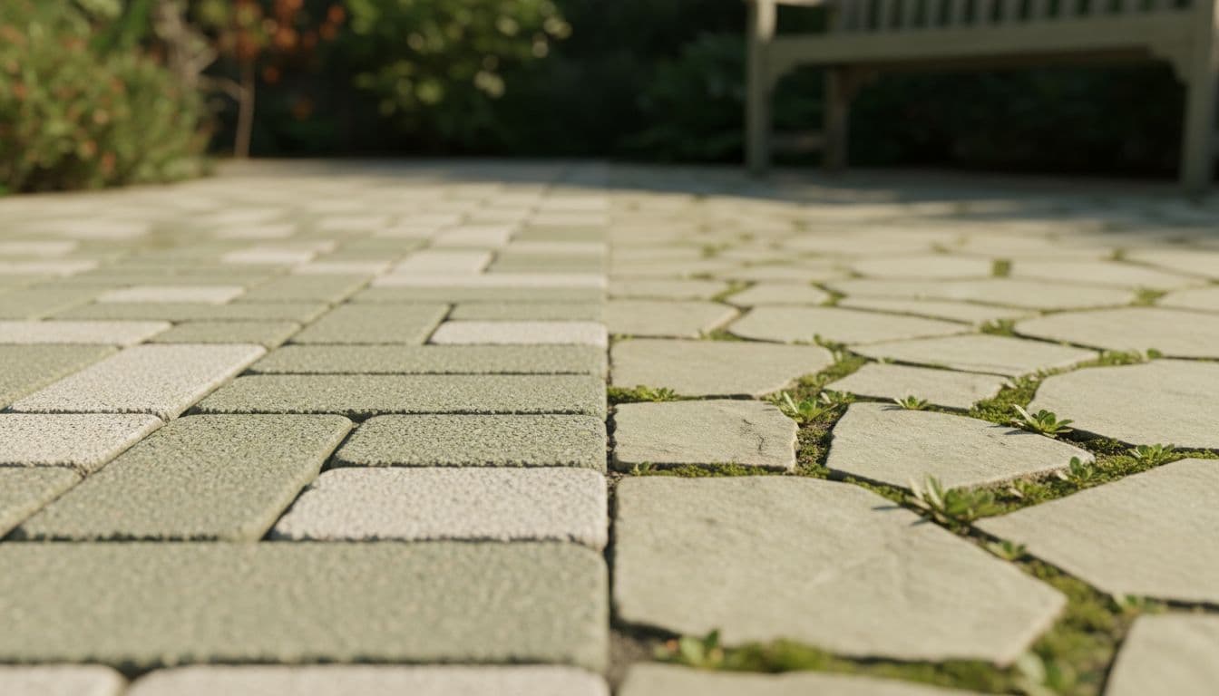 Primer plano de adoquines de hormigón texturizados junto a una sección de losas de piedra natural para comparar