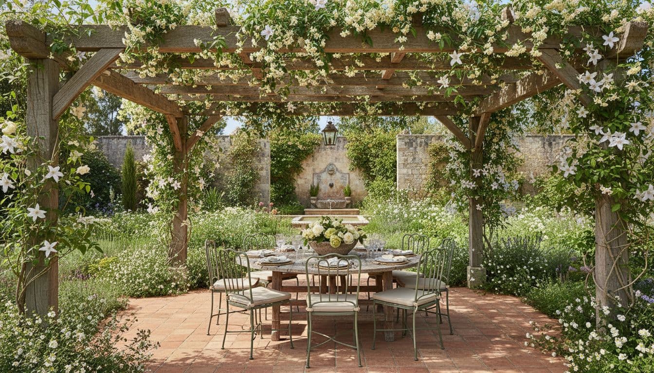 Pérgola de madera sobre una zona de comedor de patio con clemátide y jazmín trepando por las vigas para sombra filtrada