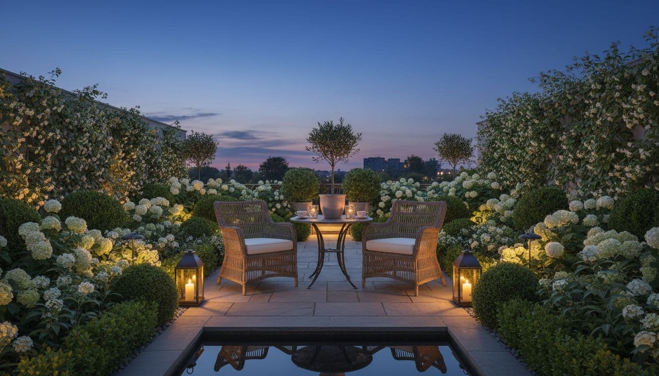 A redesigned garden at dusk with low-level landscape lighting along a path and seating area