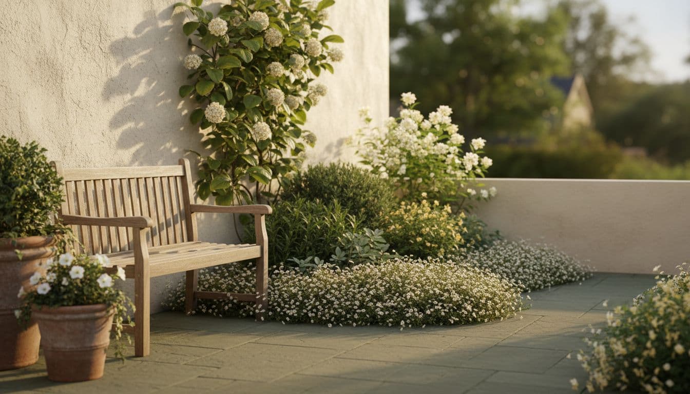 A small paved terrace with layered planting, seating and a low wall, redesigned from a single photo