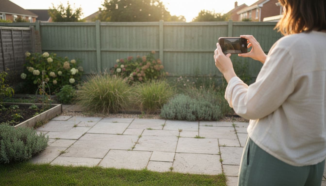 Phone held up to a real backyard showing the best AI garden design app redesigning that exact photo