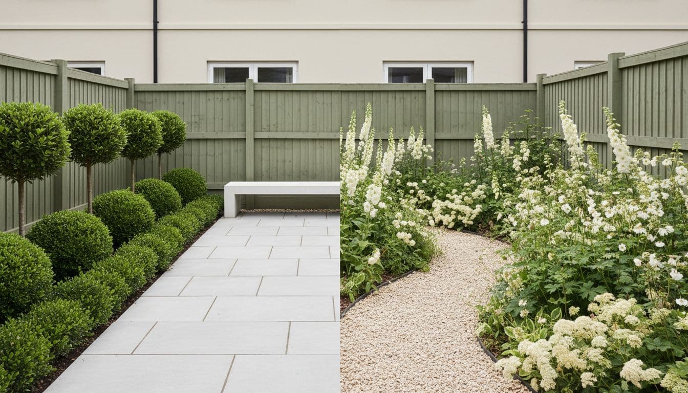 The same backyard photo shown twice, once as a modern design and once as a cottage design, for side-by-side comparison