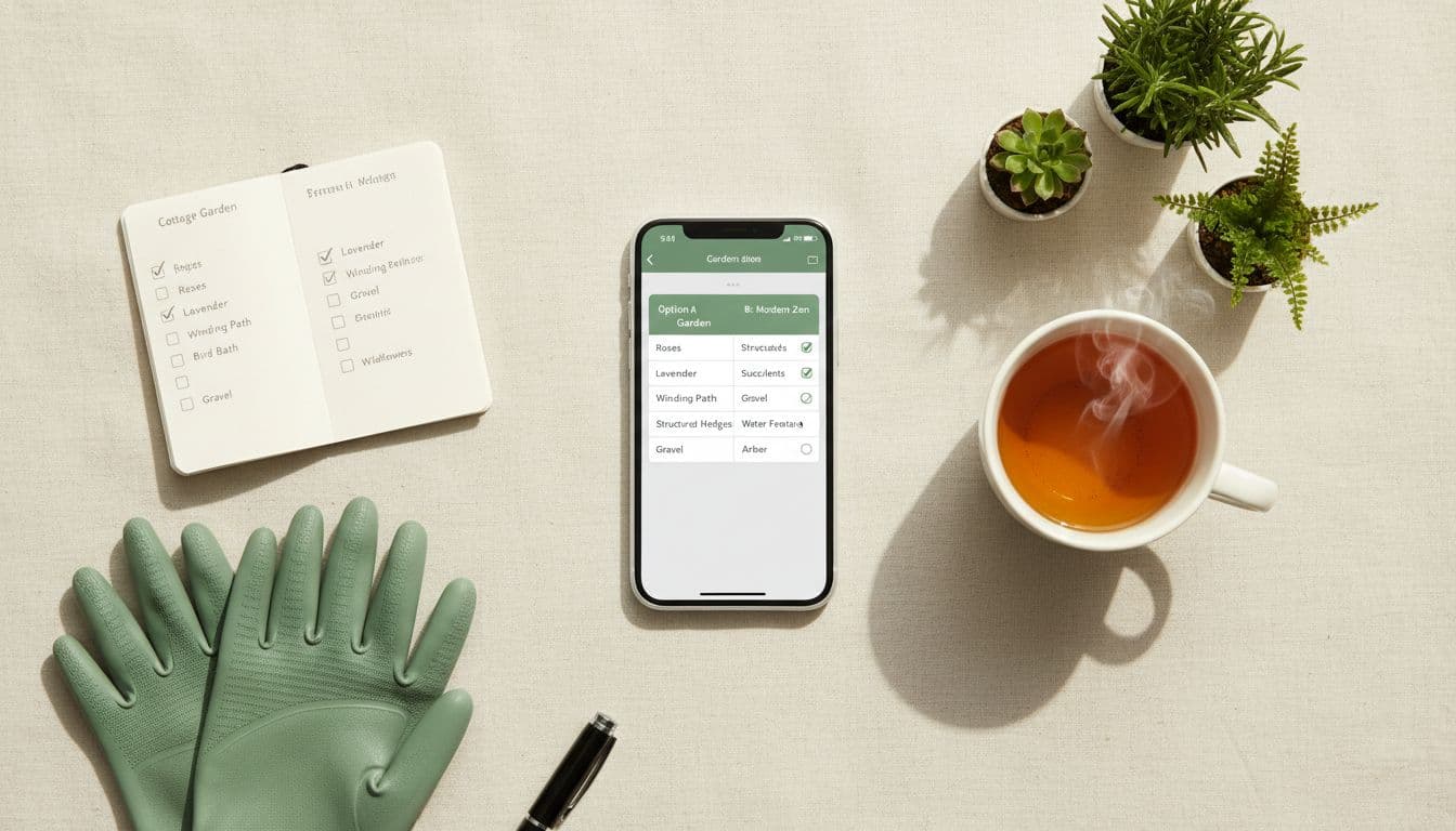 AI garden design apps compared on a phone screen beside a printed checklist and potted plants