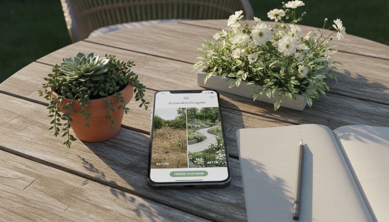 Smartphone showing an AI garden design app next to a notebook on a garden table