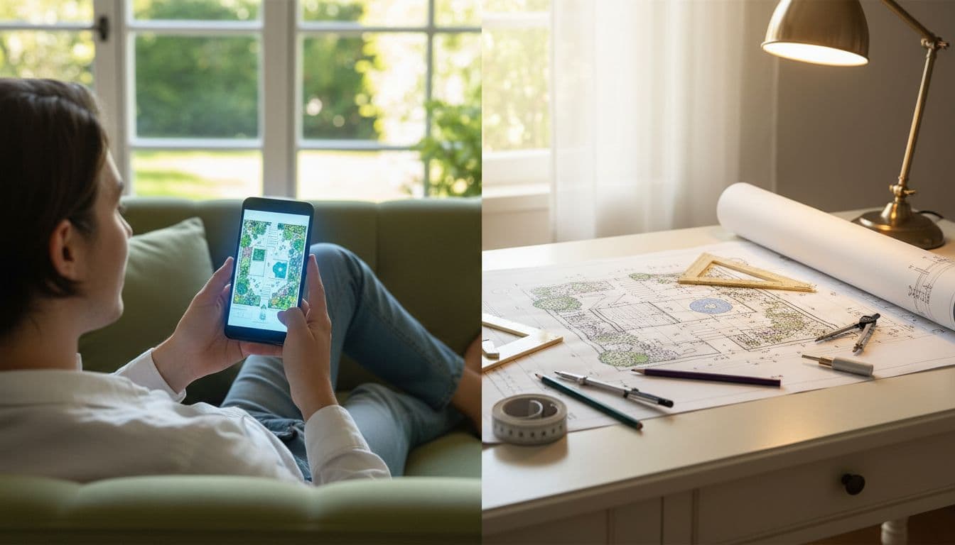AI garden design vs landscape designer shown as a phone rendering beside a drawn site plan on a garden table