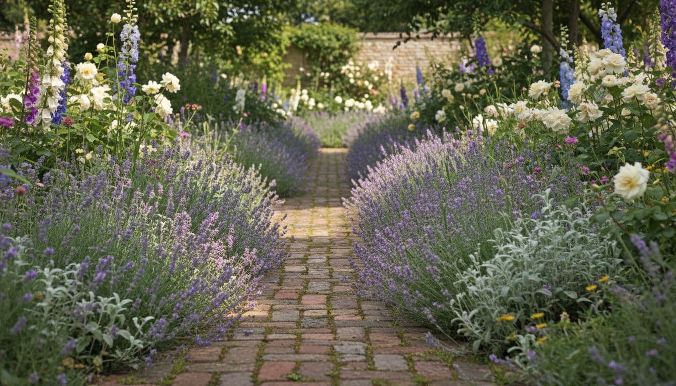 Narrow brick path through an overflowing cottage garden border with lavender spilling over the edges