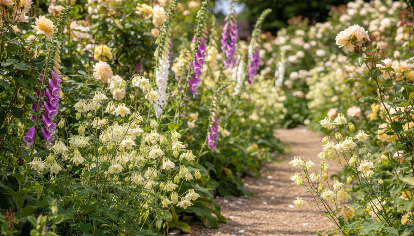 Self-sown foxgloves and aquilegias filling gaps between roses along a gravel path in a cottage garden