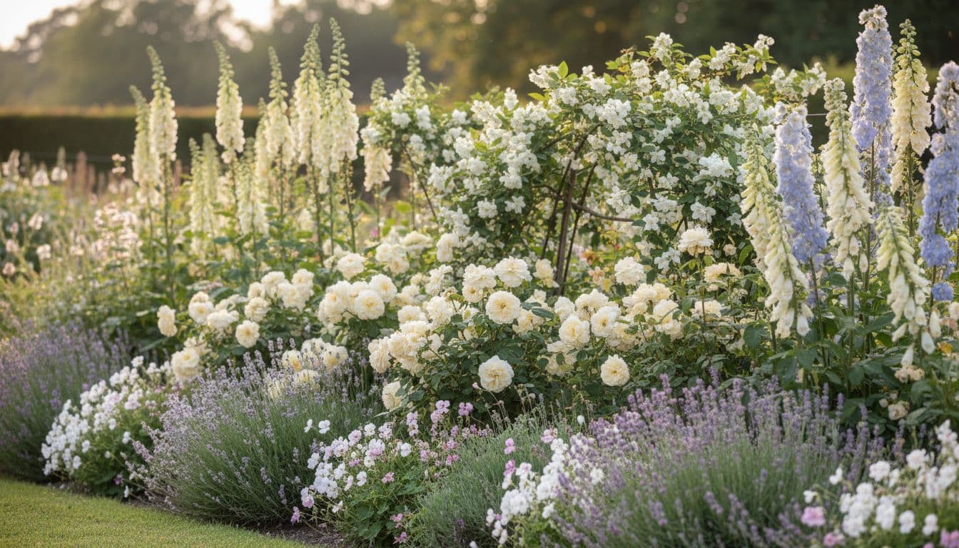 Layered cottage border with tall foxgloves and delphiniums behind roses and lavender, showing repeated structural planting