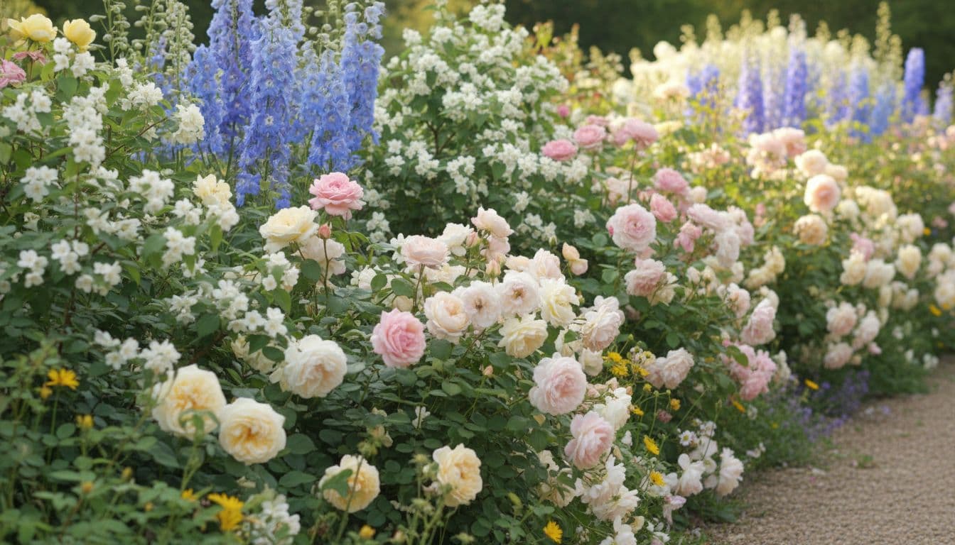 Cottage garden border in early summer with delphiniums, roses and mock orange in full bloom