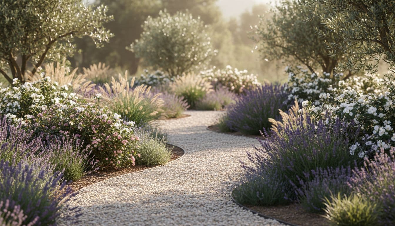Una progettazione di giardino resistente alla siccità con lavanda, Cistus e graminacee ornamentali in un'aiuola di ghiaia
