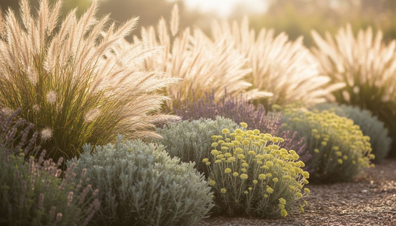 Graminacee ornamentali e perenni dalle foglie argentate che aggiungono texture a una progettazione di giardino resistente alla siccità nella luce di fine estate