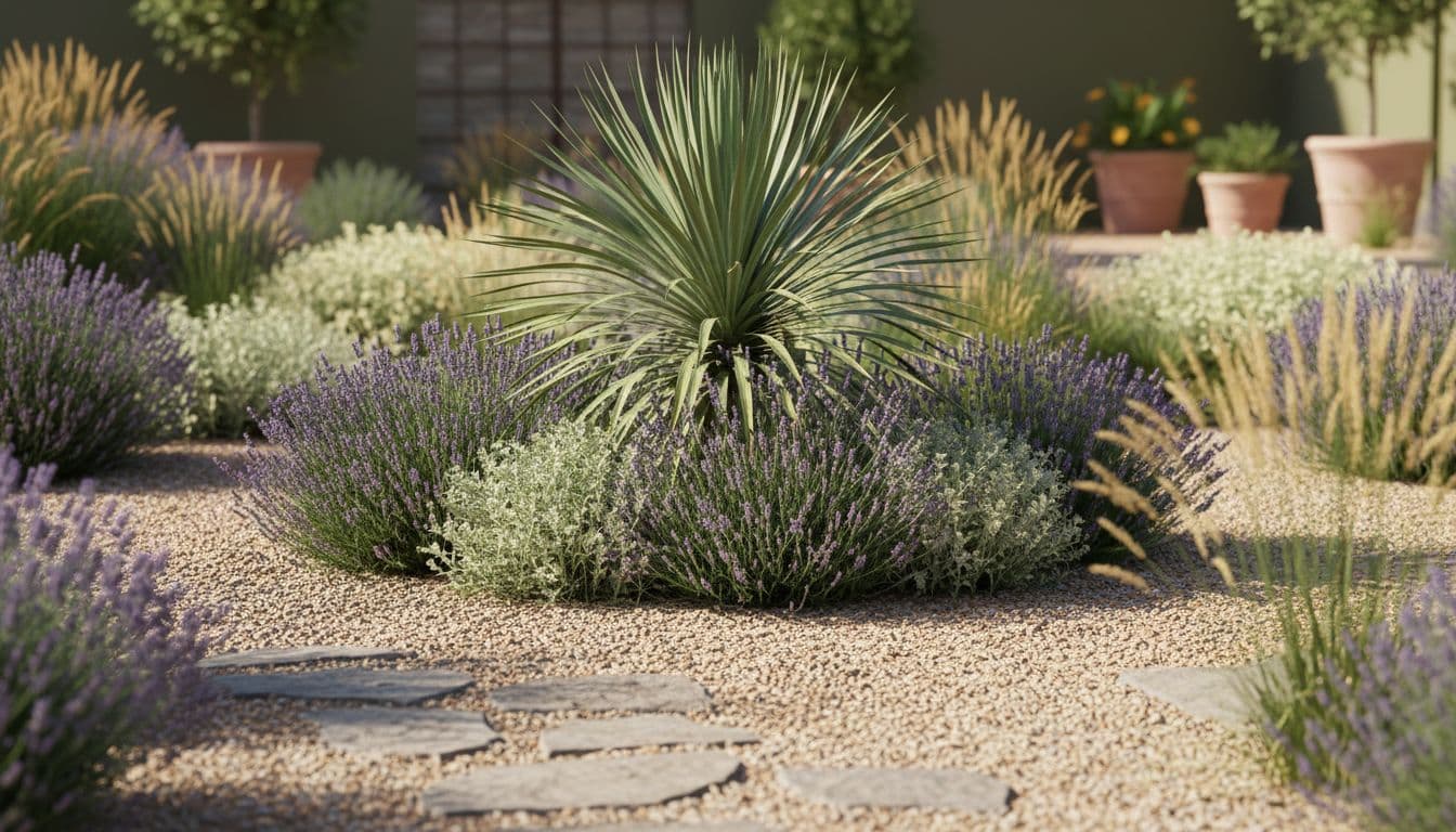 Una progettazione di giardino resistente alla siccità a strati con Yucca, lavanda e graminacee ornamentali che spezzano un'aiuola di ghiaia