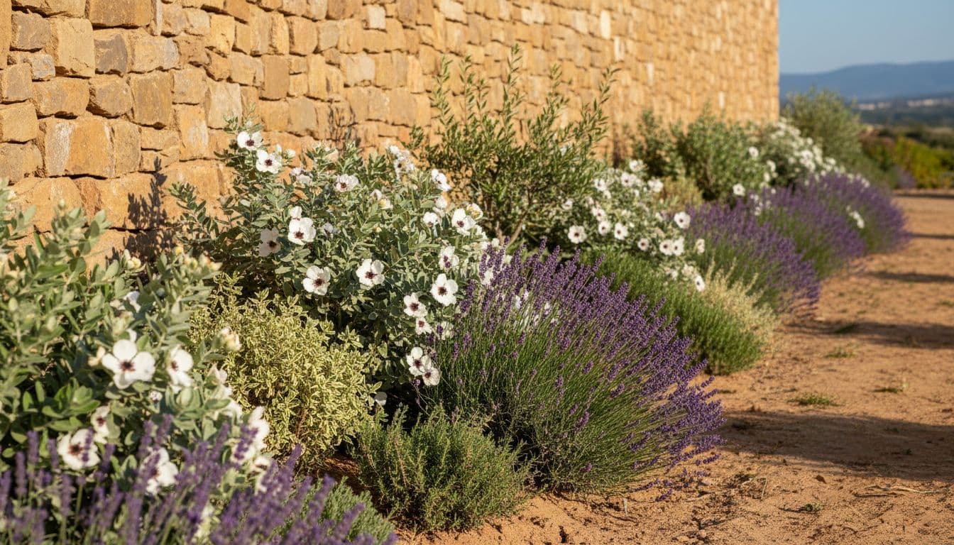 Un'aiuola di progettazione di giardino resistente alla siccità piantumata con lavanda, Cistus e arbusti mediterranei dalle foglie argentate in pieno sole