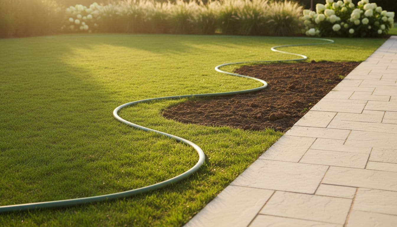 Garden hose laid out on a lawn to mark a curved border shape next to a straight path, showing how to plan a garden layout before digging