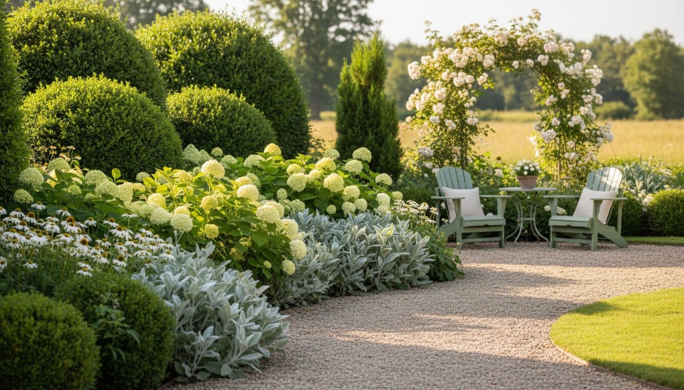 A finished garden border with structural evergreen shrubs at the back and grouped perennials in front, an example of how to plan a garden layout planting order