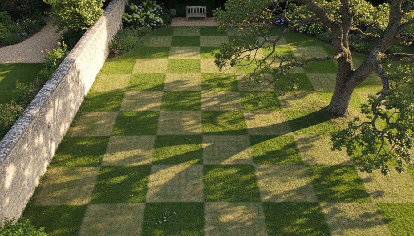 A garden shown with clear sun and shadow lines across the lawn at different times of day, illustrating how to map sun exposure when planning a garden layout