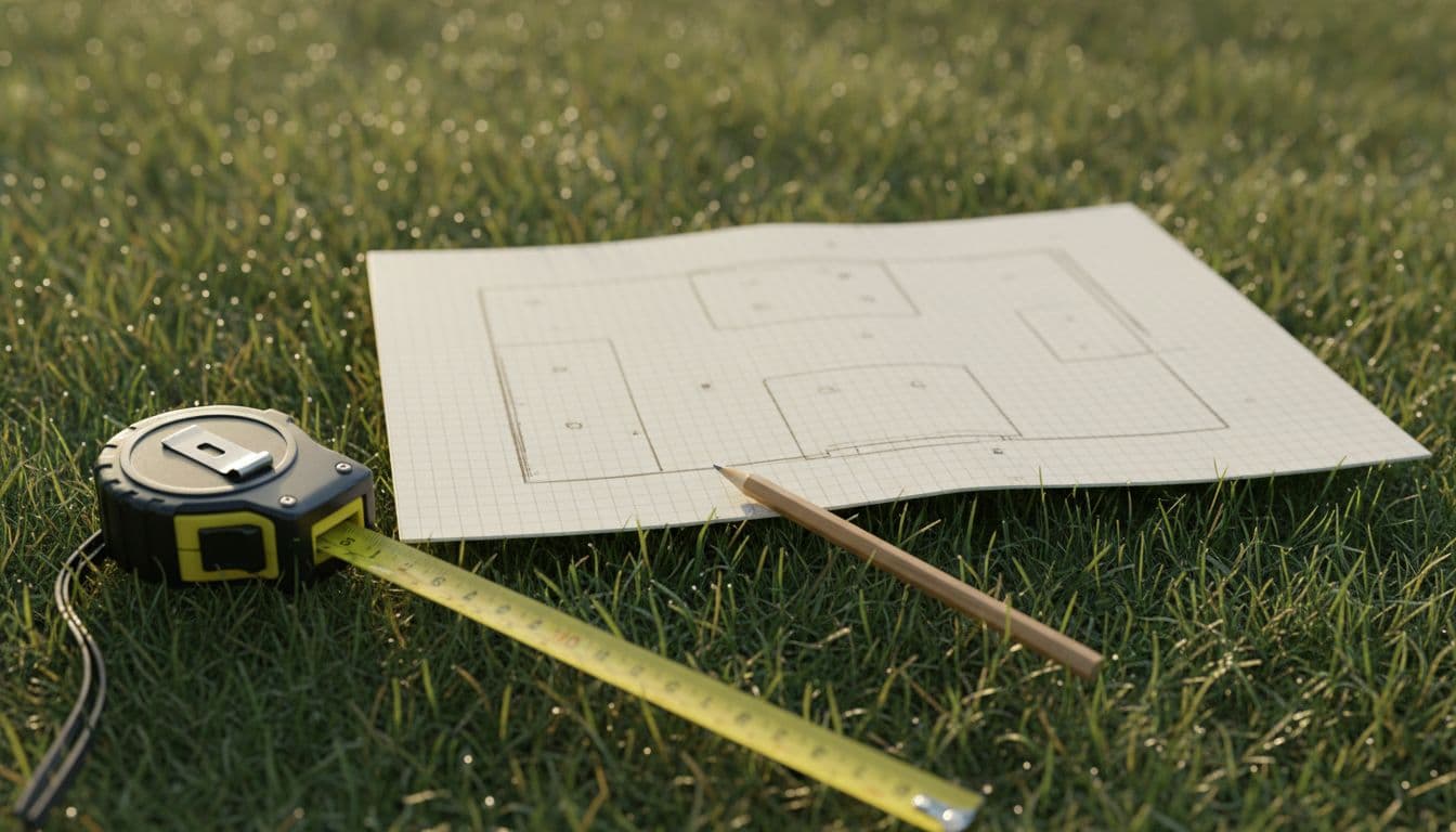 Hand-drawn scale plan of a garden on graph paper next to a tape measure lying on the grass, used to plan a garden layout
