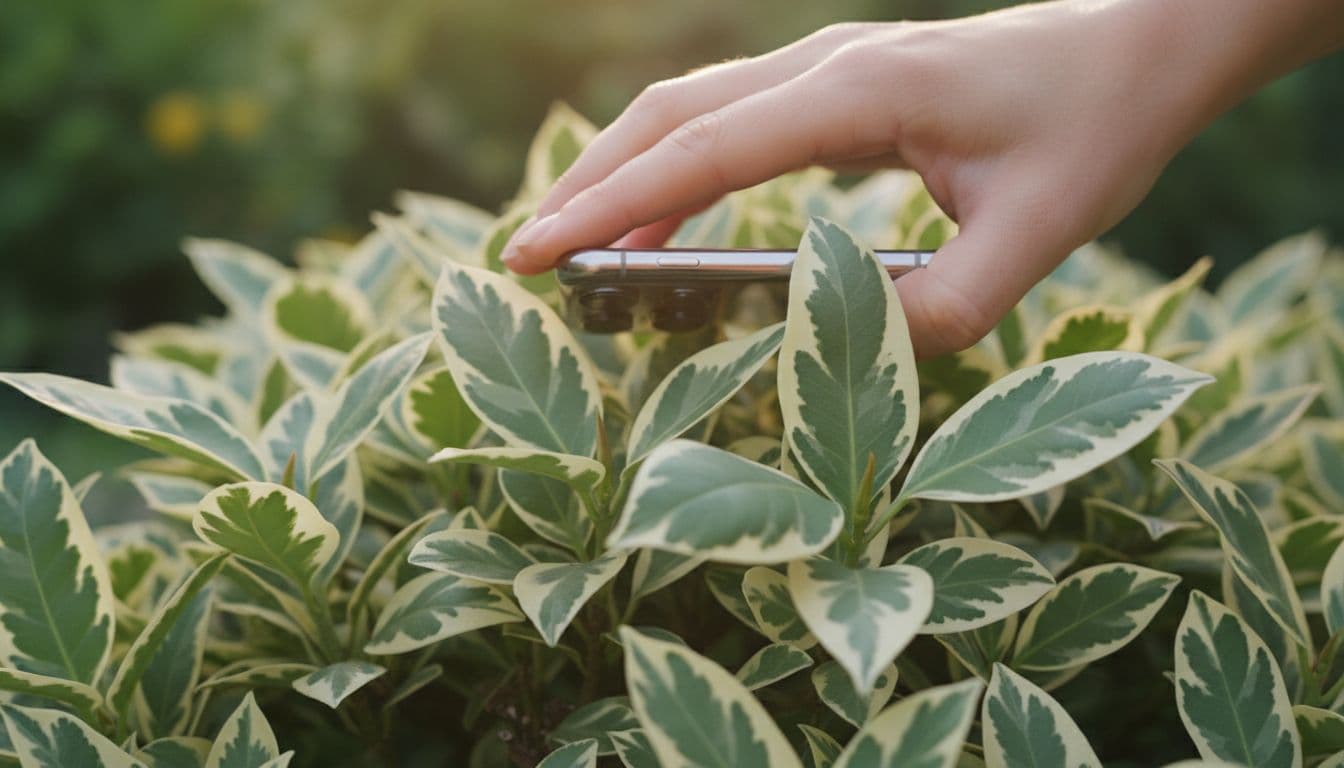 Nahaufnahme einer Handykamera über einem Gartenstrauch, um Pflanzen mit KI zu bestimmen