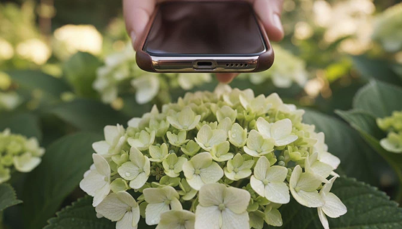 Makrofoto einer offenen Blüte, die mit einer Handykamera für die KI-Pflanzenbestimmung fotografiert wird