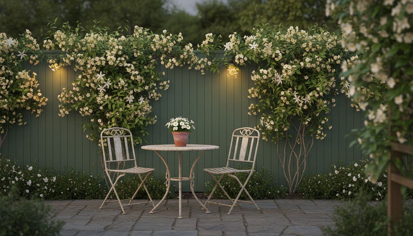 Finished vertical garden design on a fence at dusk with warm lighting and a small seating area below