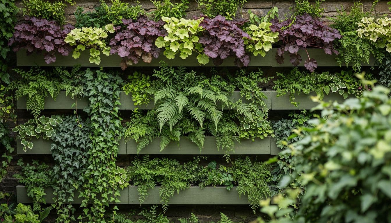 Mixed vertical garden design planting with ivy, heuchera and ferns on a shaded wall