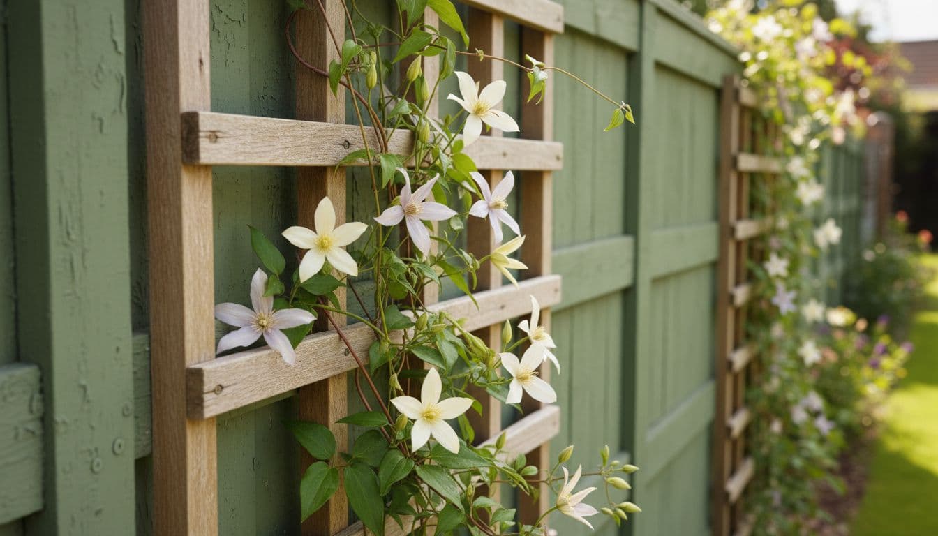 Timber trellis fixed on battens to a garden fence with a clematis climbing up it