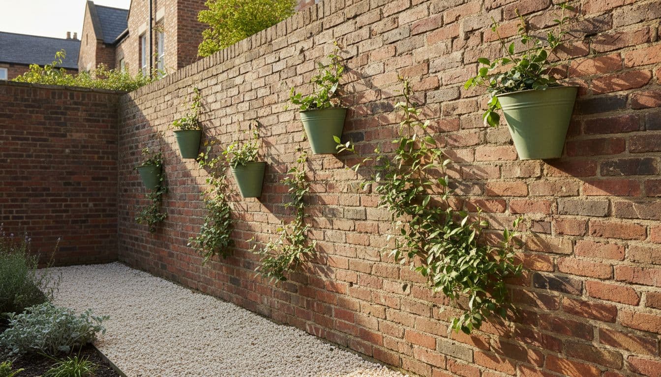 Vertical garden design on a brick boundary wall with climbers and wall-mounted planters in a small yard