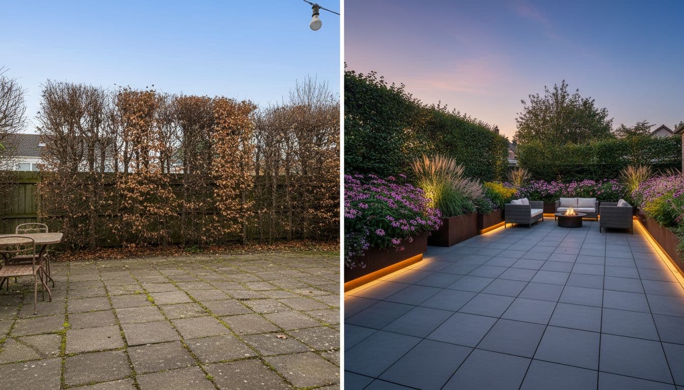 Backyard AI Garden Design — before and after AI Garden Design generated by FlorAI from a real photo