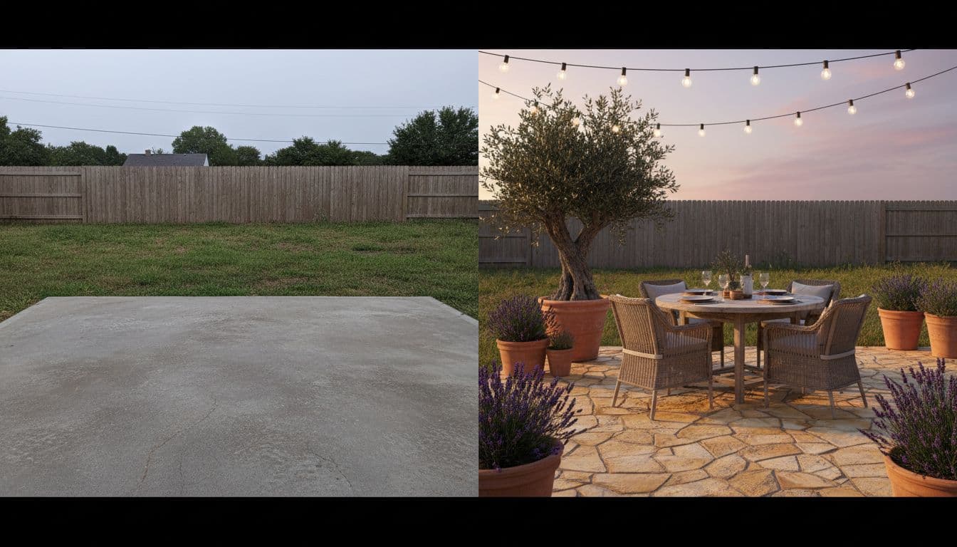 Patio Garden Design — before and after AI Garden Design generated by FlorAI from a real photo