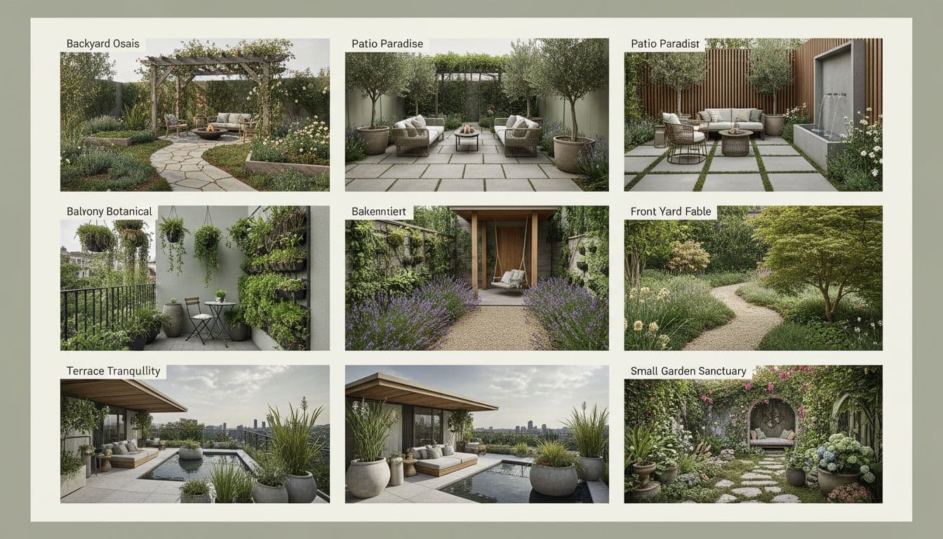 A collage of AI Garden Design transformations from FlorAI: backyard, patio, balcony, front yard and small garden