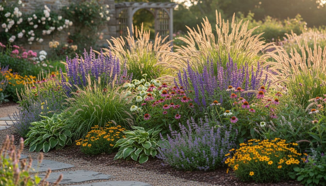 AI generated flower bed inspiration with mixed perennials