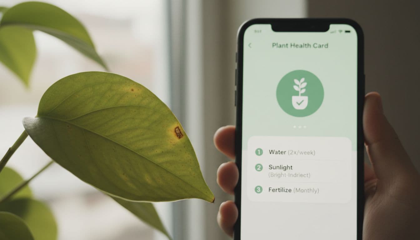 AI Plant Health checking a sick plant leaf in the FlorAI app