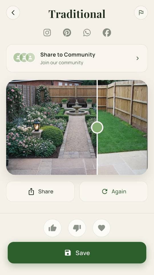 iPhone의 FlorAI AI 정원 디자인 앱 — 정원 스타일 옵션 표시