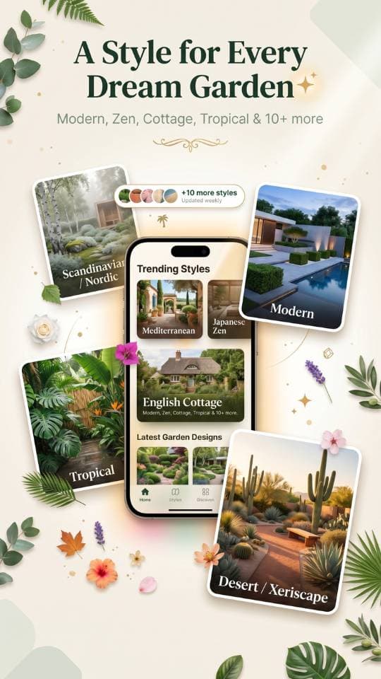 FlorAI AI Garden Design app on iPhone showing garden style options