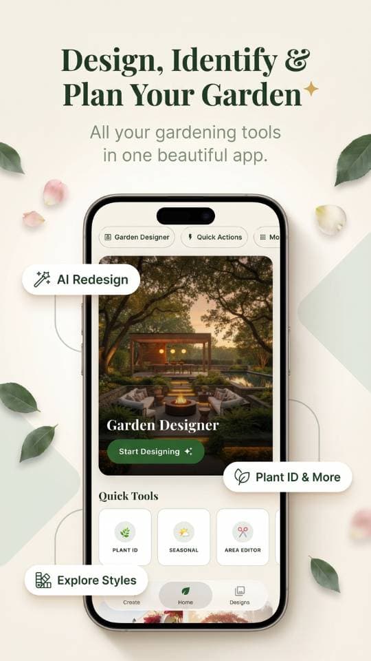 FlorAI AI Garden Design app on Android showing before and after garden preview